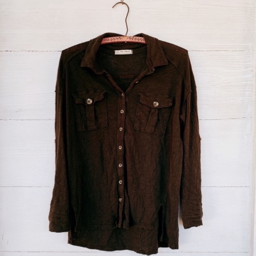 Free People Penelope Button Down Linen/Cotton Long Sleeve Top in Army, Size XS - Picture 5 of 10